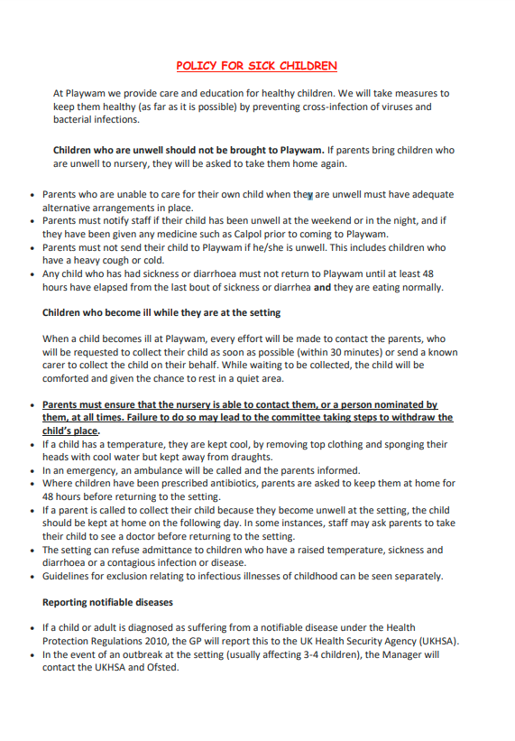 Policies for Sick Children & Administration of Medicine