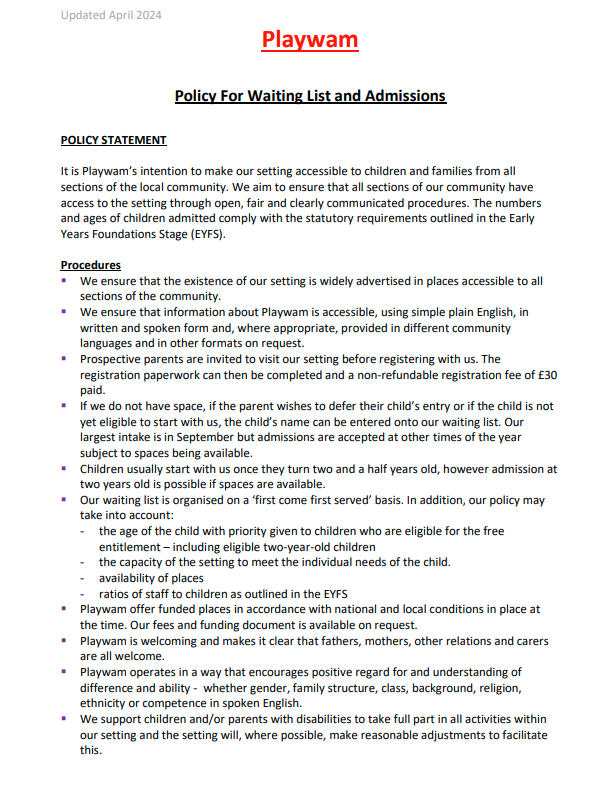 Policy for Admissions